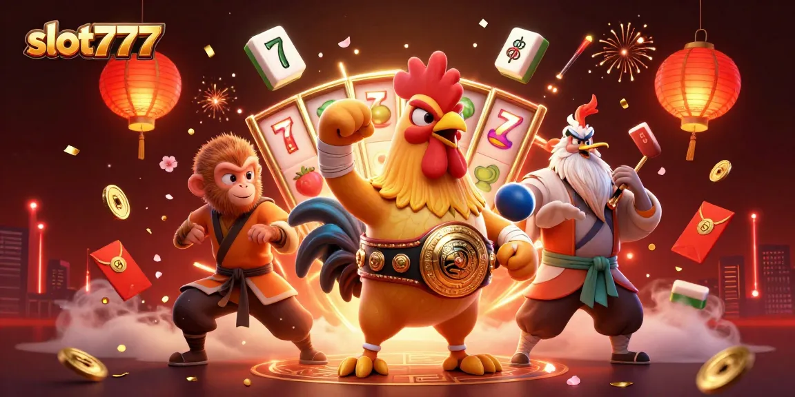 Experience slot777 excitement with a vibrant scene of a Muay Thai rooster, monkey martial artist, and wise crane surrounded by dynamic game elements.