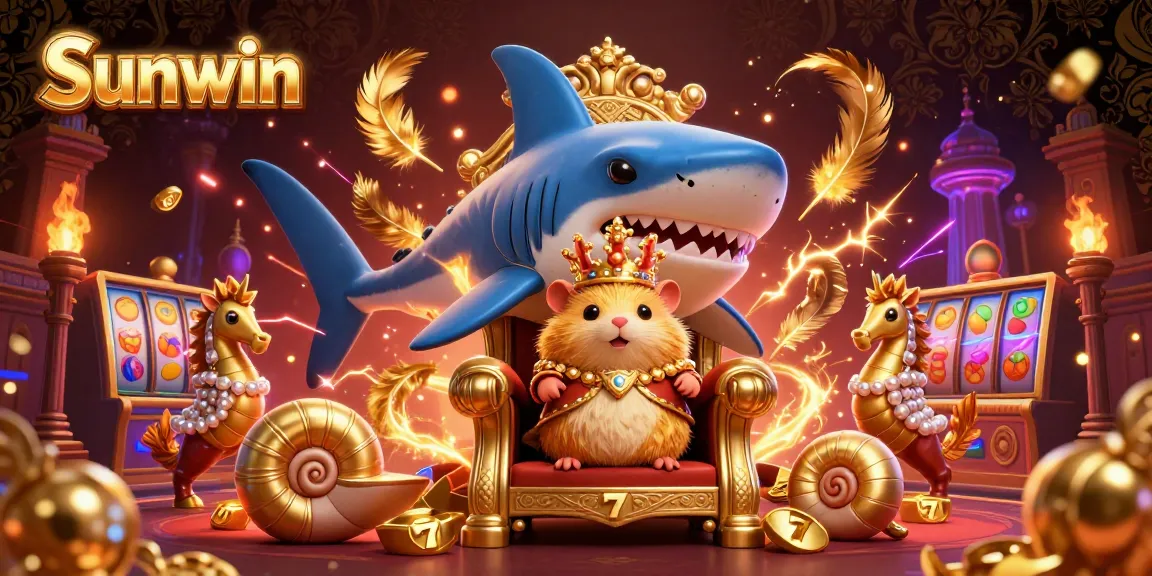 Engage with Sunwin's vibrant casino atmosphere featuring a fierce golden hamster king on a megalodon throne.