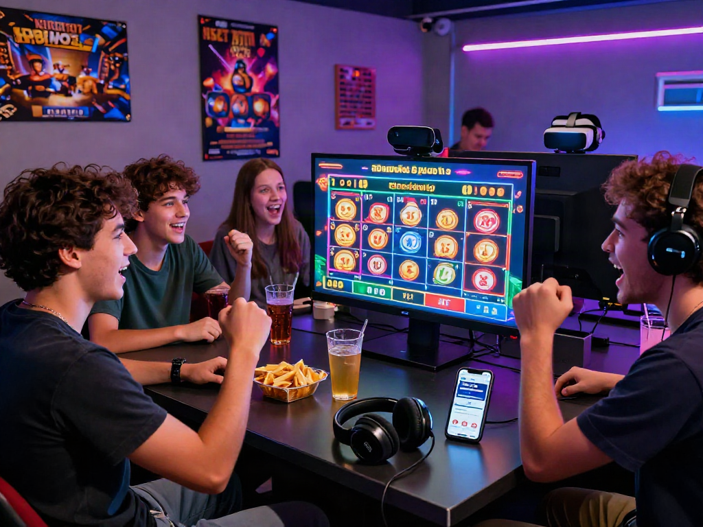 Friends celebrating while engaging with kebuntoto online gaming, showcasing mobile app and vibrant atmosphere.