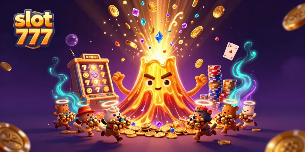 Slot 777 menampilkan mesin slot yang beruntung dengan koin emas dan harta karun dalam ilustrasi 3D yang memukau.