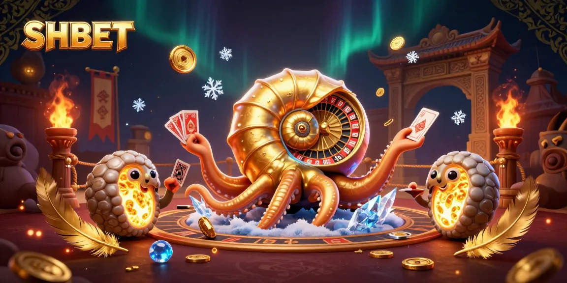 SHBET players engage in thrilling bets with a giant nautilus roulette wheel amid vibrant casino elements.