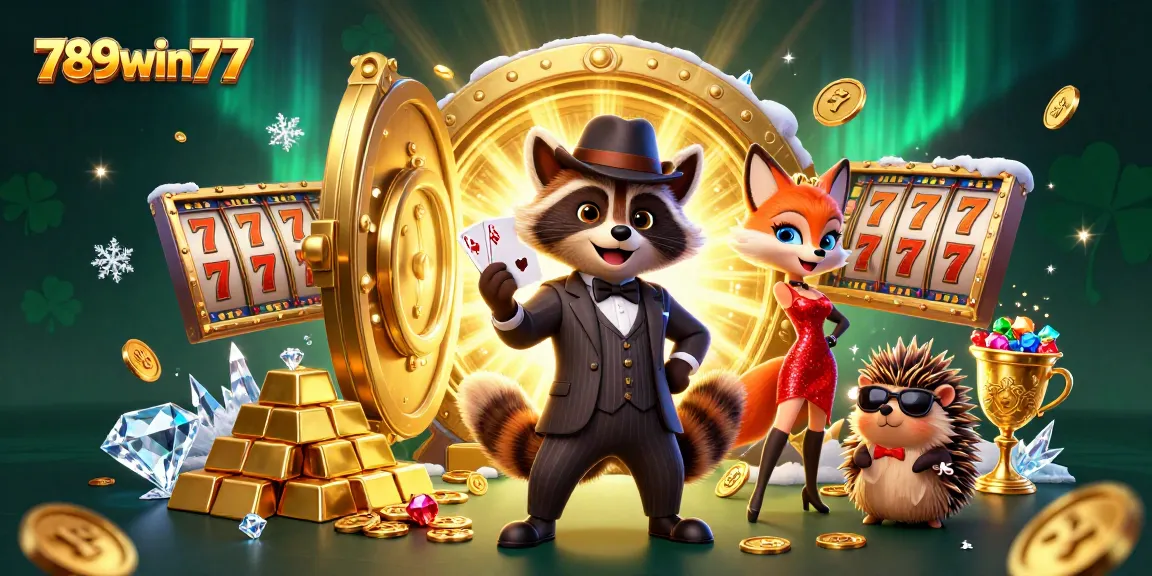 Experience thrilling gameplay with 789win77 as a suave raccoon deals a royal flush amidst gold and gems.