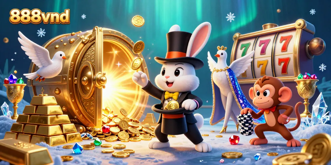Join the magical world of 888vnd as a magician rabbit conjures winnings, while gleaming treasures surround them.