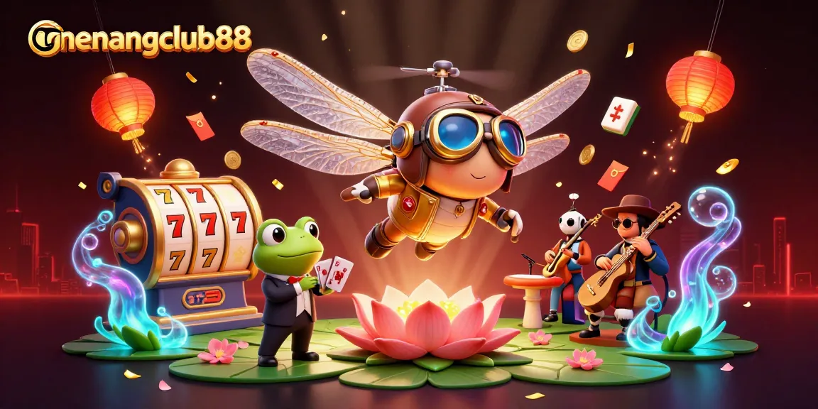 Experience thrilling gaming at menangclub88 with a vibrant casino scene featuring a helicopter pilot and frog croupier.