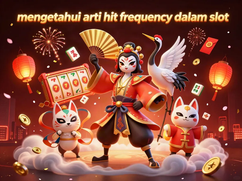 Mengetahui arti hit frequency dalam slot dengan ilustrasi 3D dramatis, menggambarkan slot dan karakter tradisional Jepang.