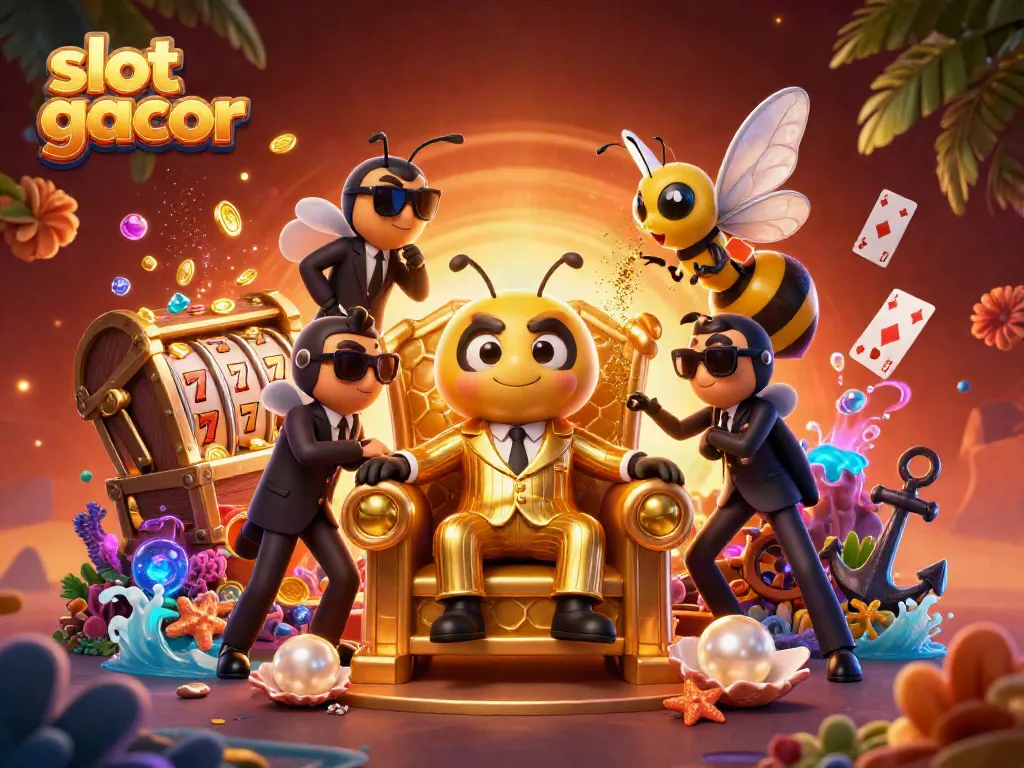 Ilustrasi 3D slot gacor dengan rajah karakter kartun lebah bos mafia dan harta karun emas