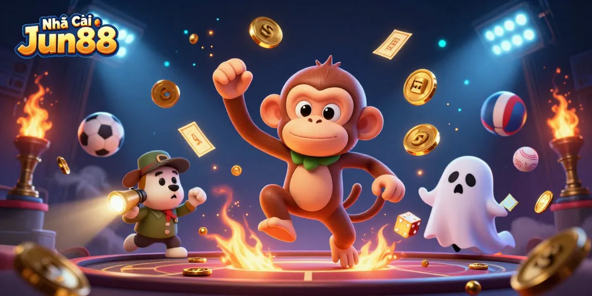 Engage with Nhà cái Jun88 in a thrilling scene featuring a playful monkey and ghost-hunter puppy in a vibrant casino.