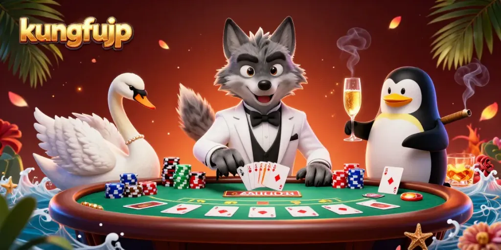 Merayakan kemenangan dengan kungfujp di meja baccarat, dikelilingi koin dan permainan menarik.