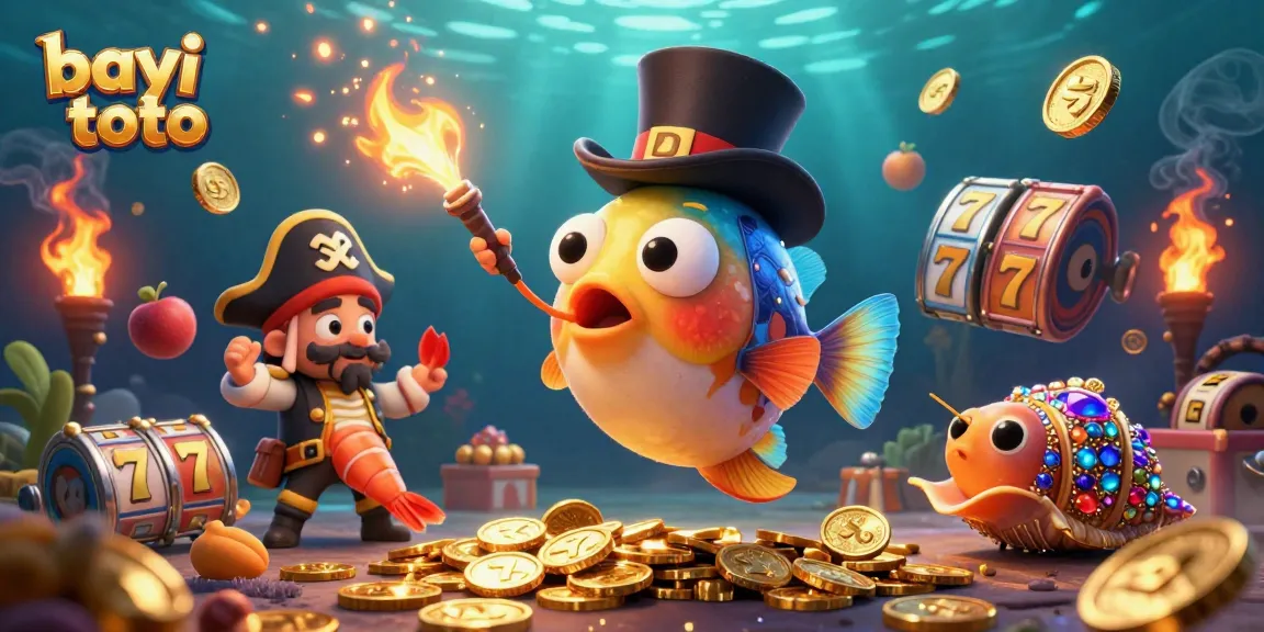 Bayi toto showcases a treasure-filled underwater scene with an anglerfish and shrimp attracting coins.