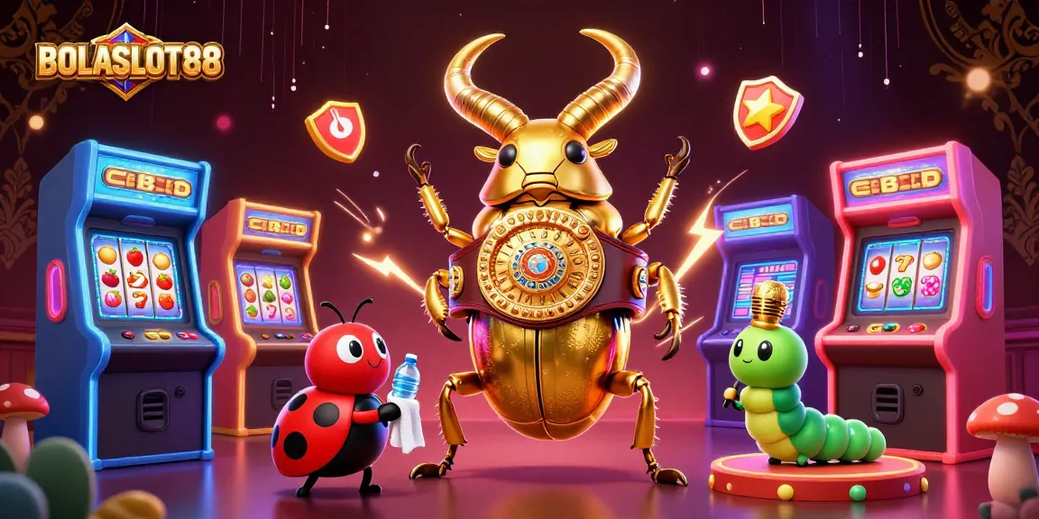 BOLASLOT88 showcases exciting gameplay with a glowing golden beetle boxing champion and dynamic casino elements.