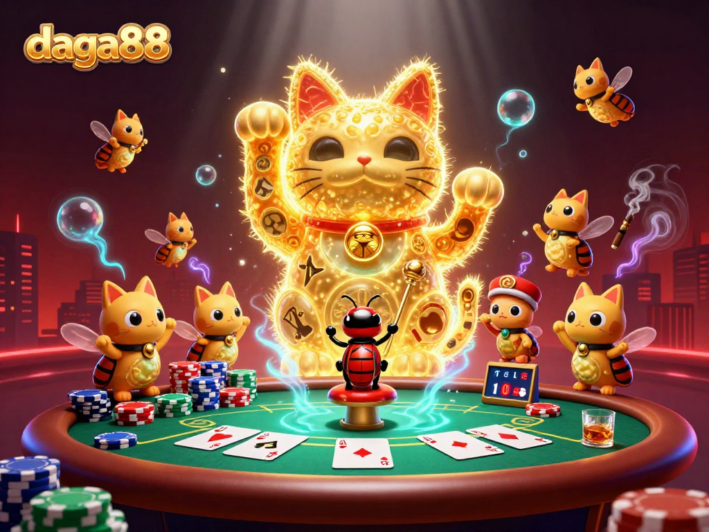 Experience exhilarating moments at daga88 with a vibrant, 3D cartoon lucky cat creating a festive casino atmosphere.
