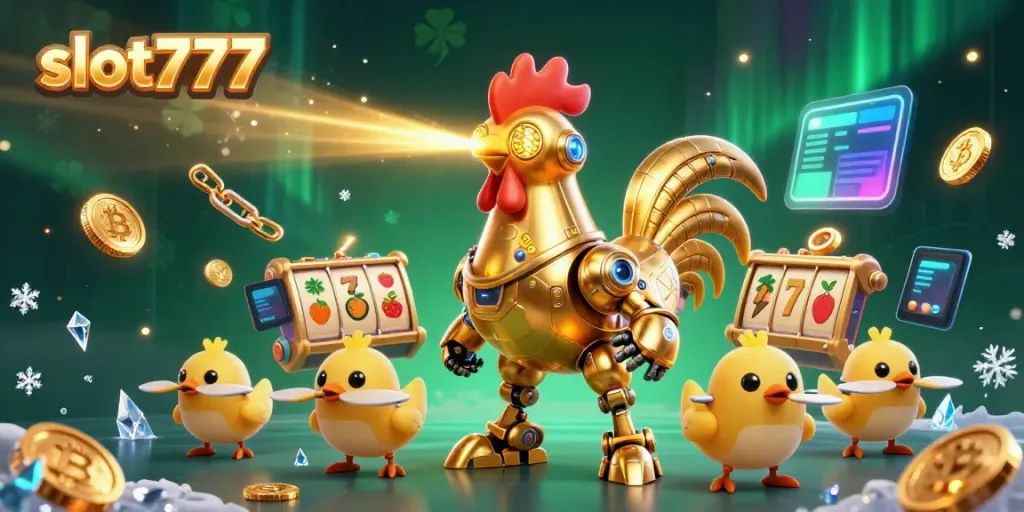 Play with slot777 and experience 3D fun with a golden rooster robot amidst coins and slot elements.
