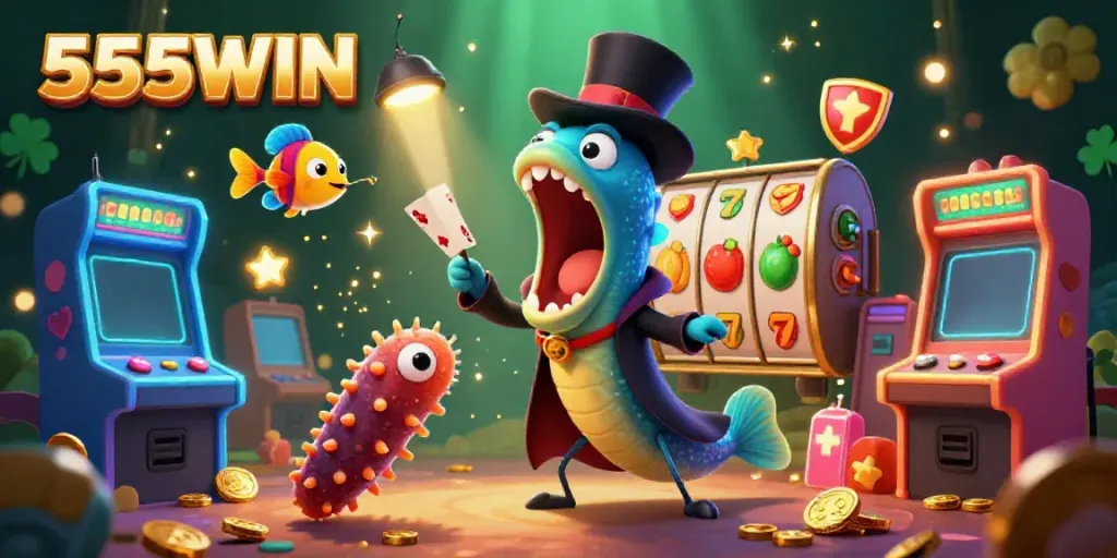 Experience the thrilling magic of 555WIN slots with a vibrant scene featuring colorful characters and casino elements.