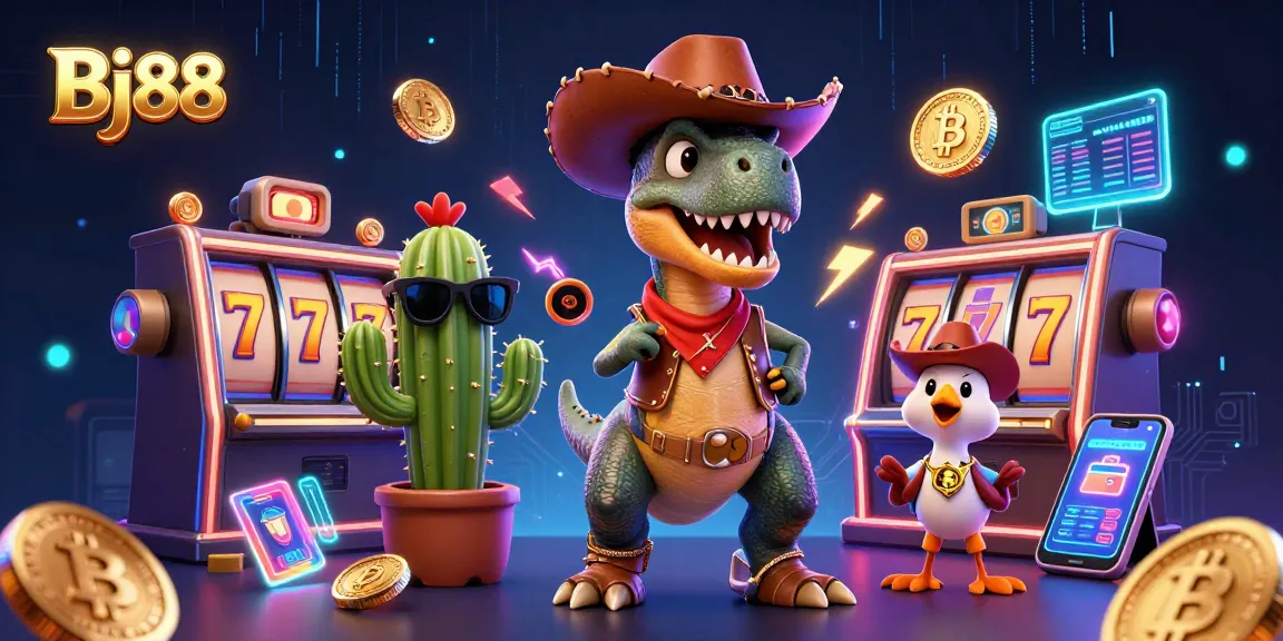 Experience thrill at Bj88 with 3D characters in a dynamic casino scene featuring slot reels and glowing crypto coins.