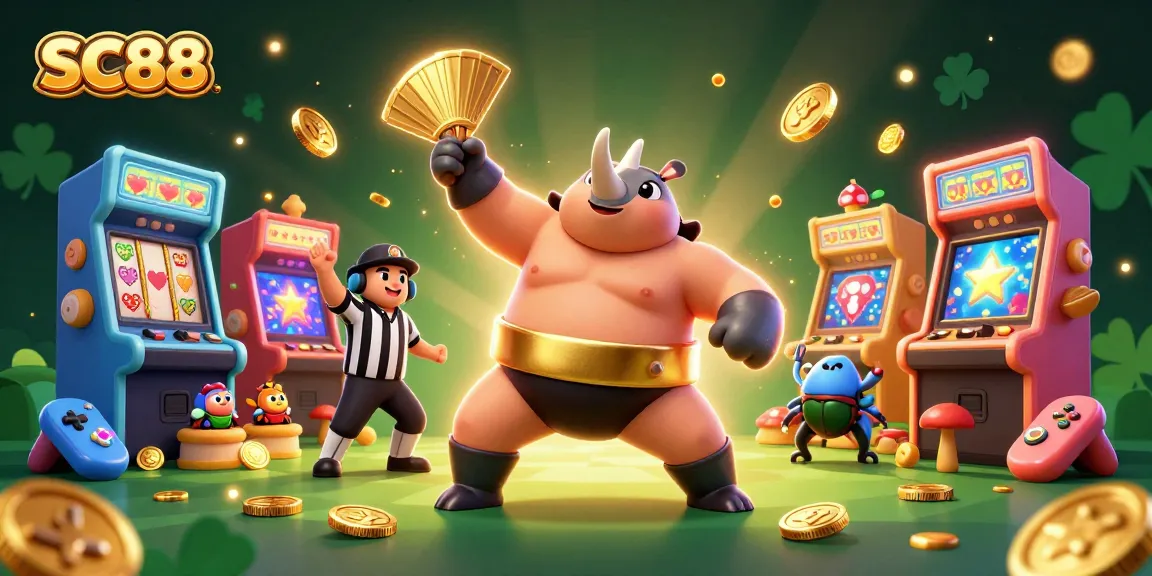 Experience SC88 with a vibrant scene of a beetle champion in a casino, surrounded by colorful gaming elements.