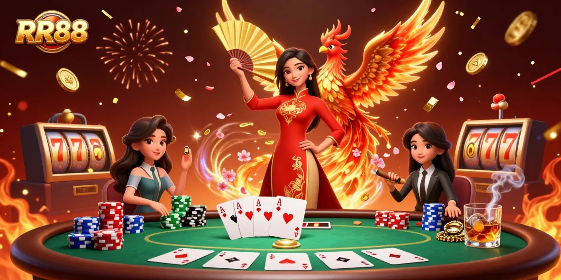 Experience the thrill at RR88 with stunning visuals of a woman in traditional attire and casino elements.