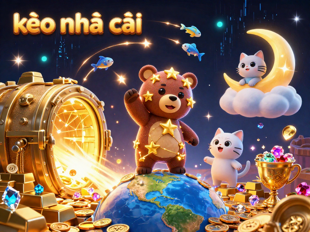 Engage with kèo nhà cái's thrilling realm, featuring cosmic casino elements and a vibrant treasure scene.