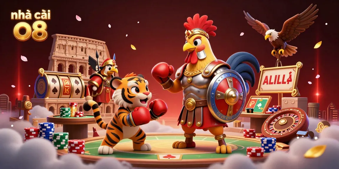 Engaging scene featuring nhà cái o8 with animated rooster and tiger in a vibrant colosseum setting.