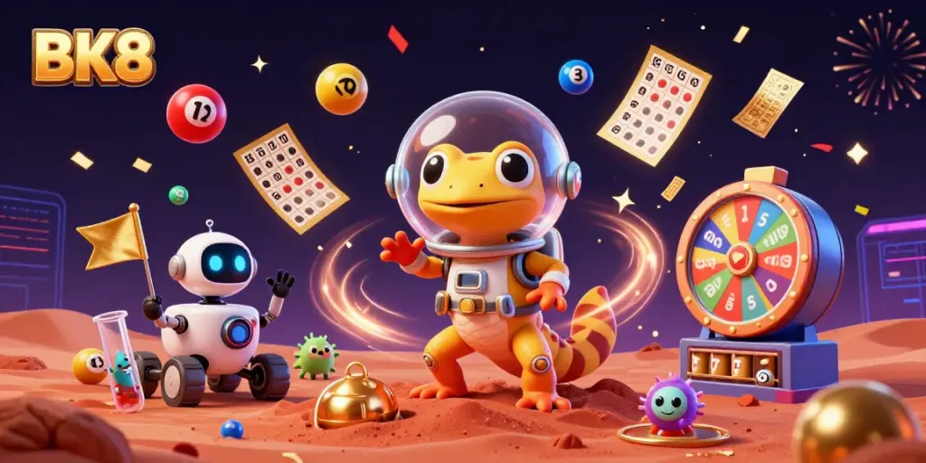 Experience the excitement of BK8 with a Martian gecko discovering a golden casino amidst colorful lottery elements.