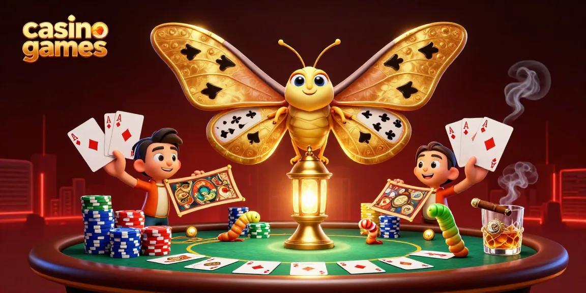 Engage in casino games with a vibrant scene of poker elements and a majestic atlas moth.