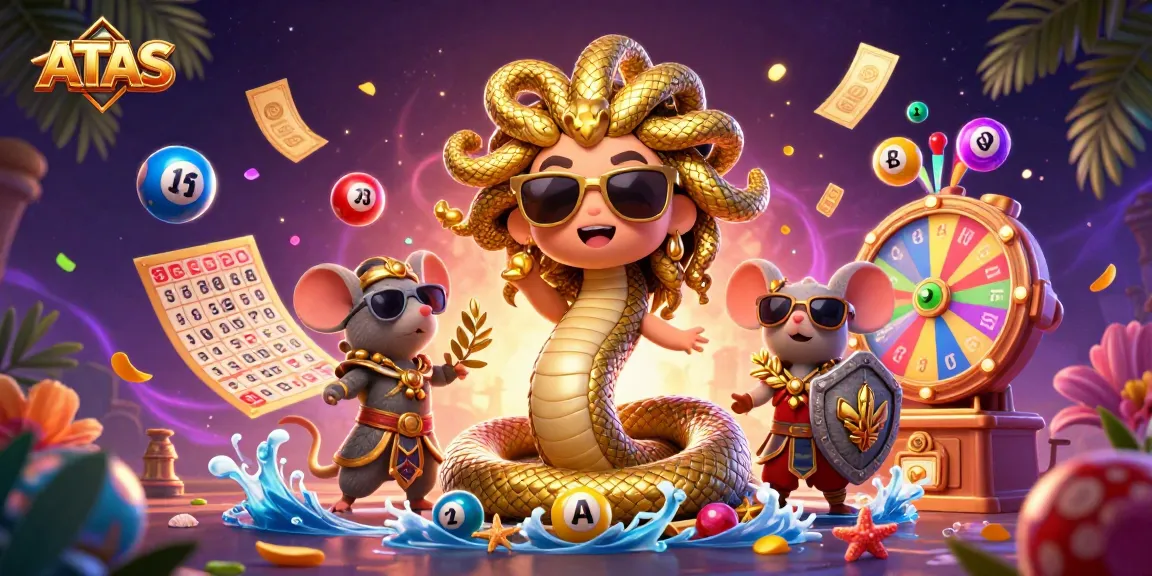 Engage in the ultimate gaming experience with ATAS, featuring vibrant lottery elements and friendly characters.