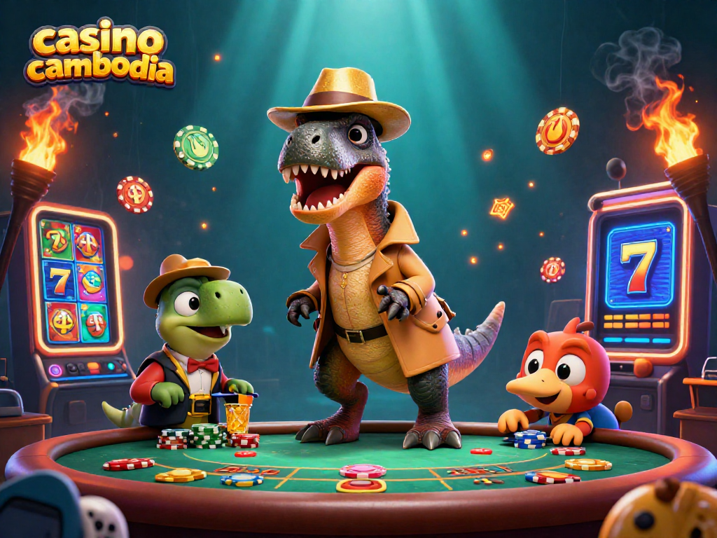 Experience the excitement of casino cambodia with cartoon dinosaurs in a lively gambling scene.