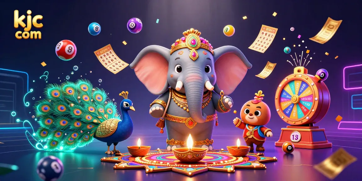 Engage with exciting games at kjc com, featuring a vibrant scene of a colorful lottery with dynamic elements.