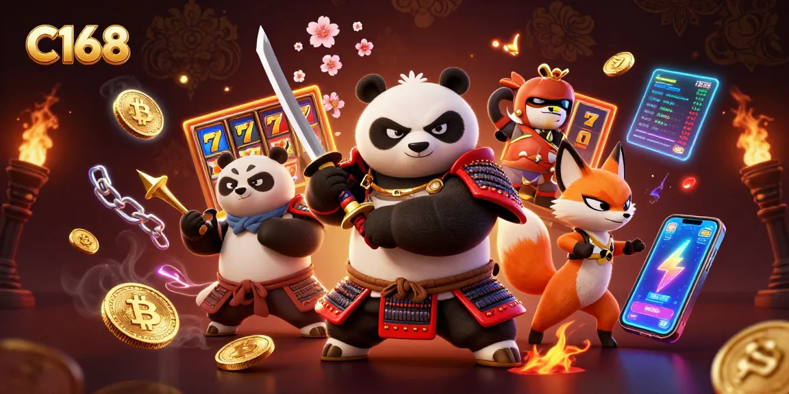 Experience thrilling wins with C168's samurai panda and ninja fox in an action-packed casino illustration.