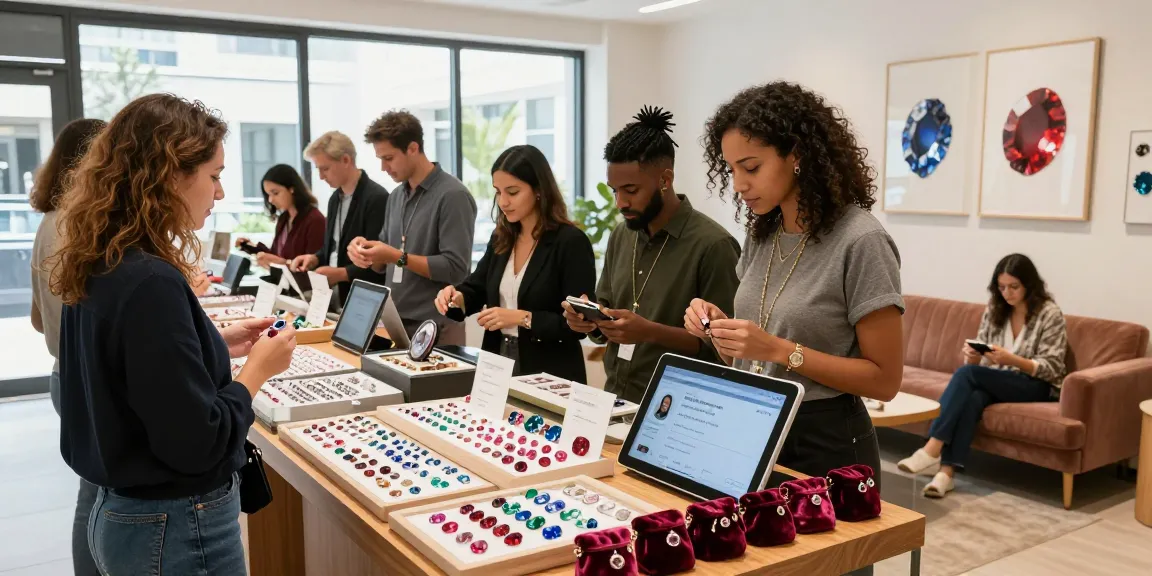 Shoppers exploring high-quality gemstones at https://www.mygemspot.com, showcasing vibrant displays and friendly service.