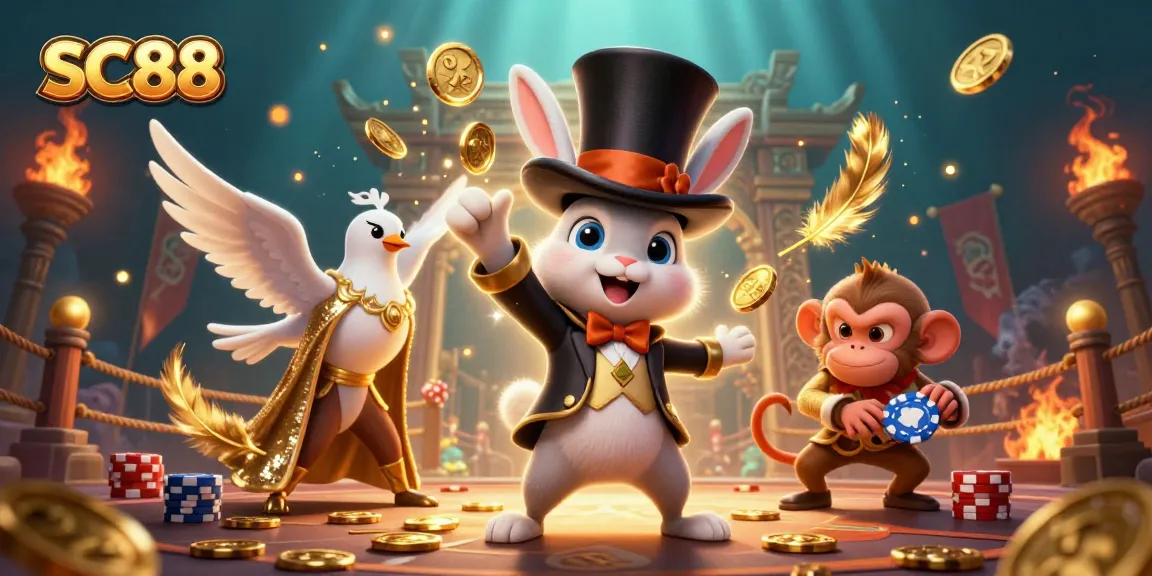 Experience the magical world of SC88 with a cartoon magician rabbit and friends in this vibrant casino scene.