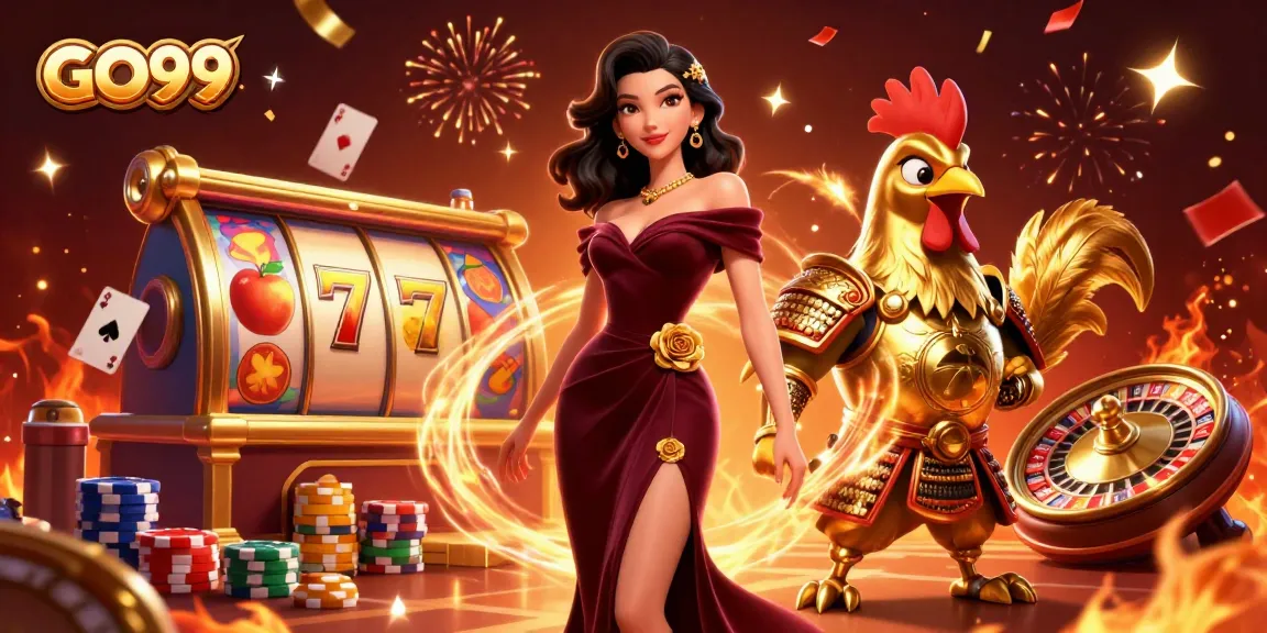Win big with GO99 at this vibrant online casino illustrated scene filled with exciting game elements.