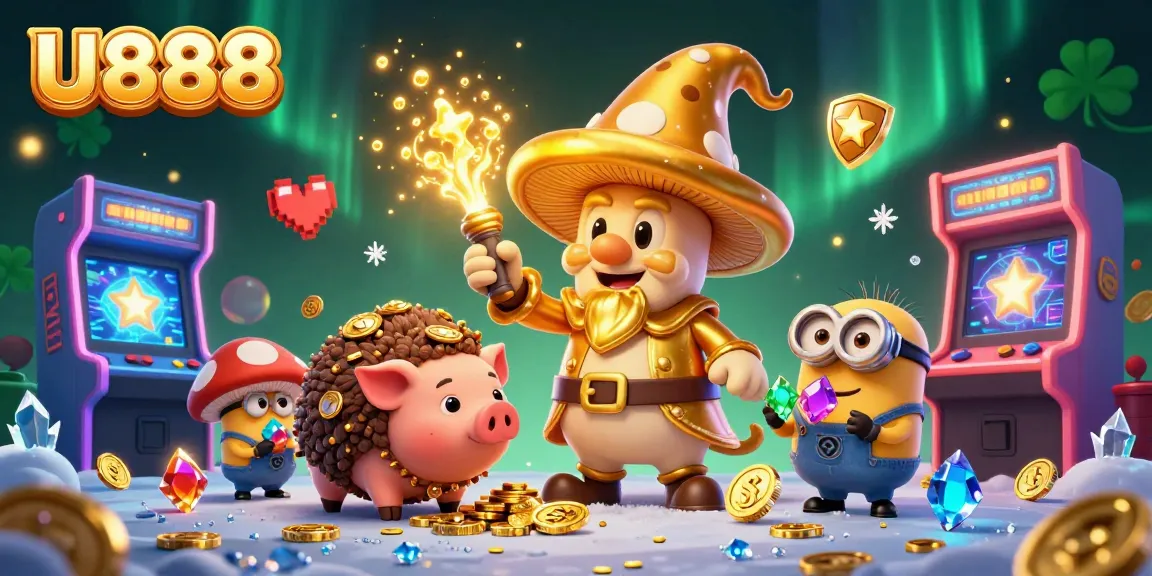 Experience the thrill of U888 with a vibrant 3D casino illustration featuring magical characters and gaming excitement.