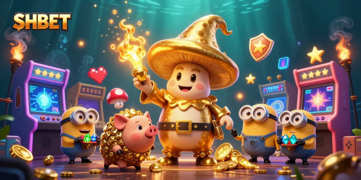 Experience the excitement of SHBET with a golden mushroom wizard and treasure-finding pig in this vibrant casino illustration.