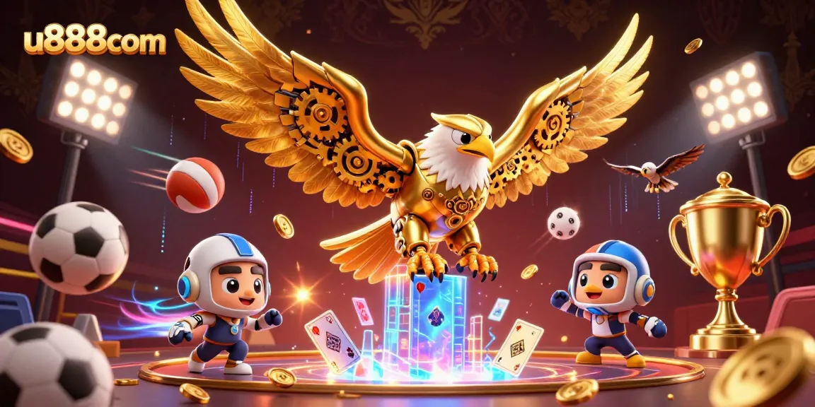Boost your betting with u888com; a vibrant scene of 3D casino elements and golden eagle