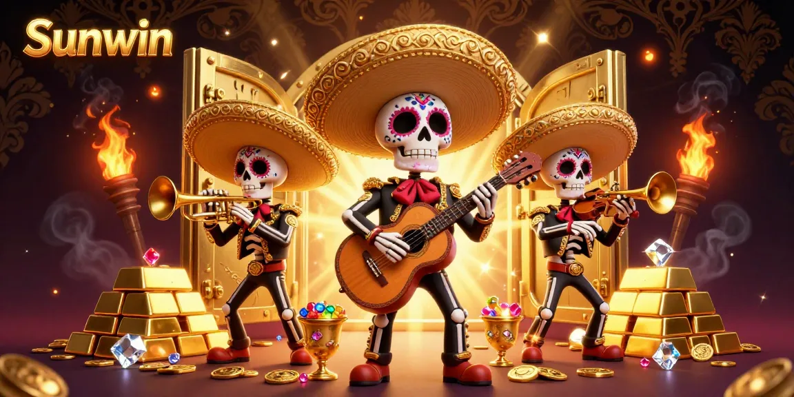 Experience thrilling wins at Sunwin with a vibrant 3D illustration of a mariachi band celebrating with gold and jewels.