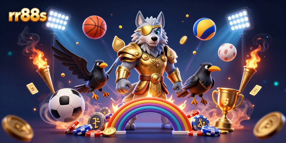 Experience exciting gameplay at rr88s with a vibrant illustration featuring Odin, sports balls, and casino elements.
