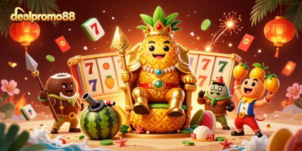 Engage with dealpromo88's vibrant casino scene featuring a king and lively characters amidst slot reels.