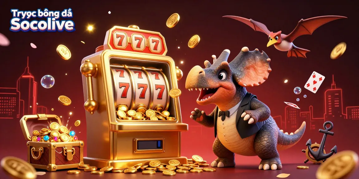 Experience Trực tiếp bóng đá Socolive with a vibrant scene of animated dinosaurs at a casino, illustrating excitement and winnings.