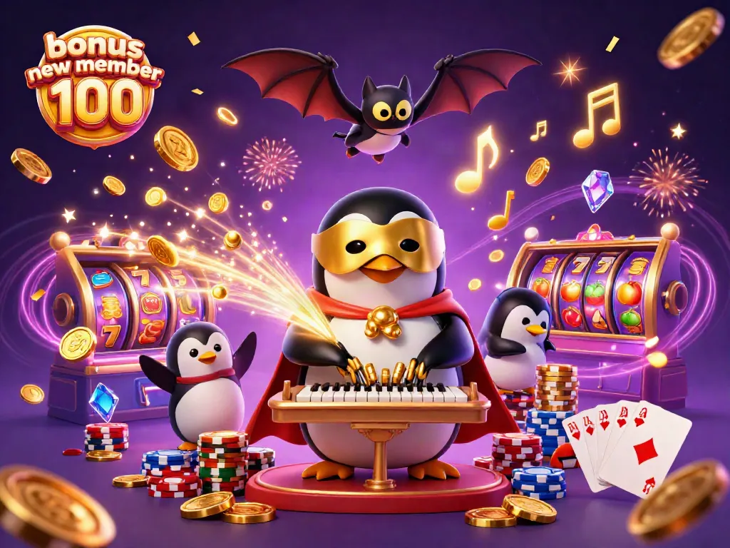 Engaging 3D scene highlighting the bonus new member 100 promotion with a penguin organ player, lucky slot reels, and colorful effects.