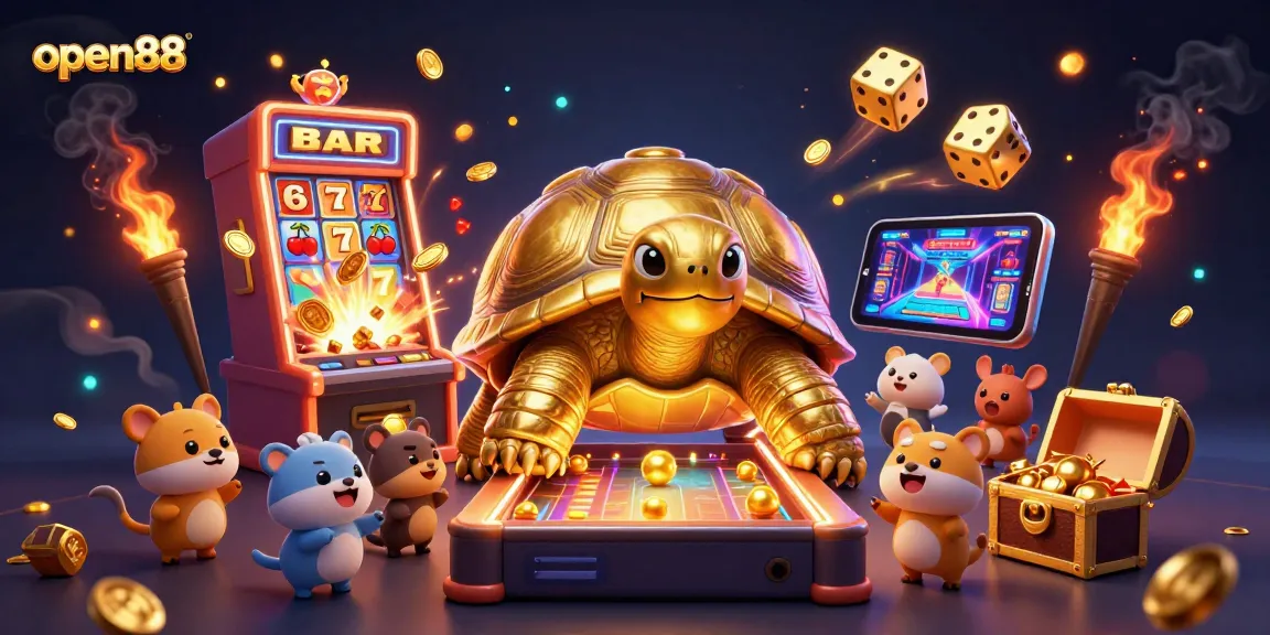 Experience thrilling gaming at open88 with a colossal tortoise pinball machine and a jackpot slot explosion.