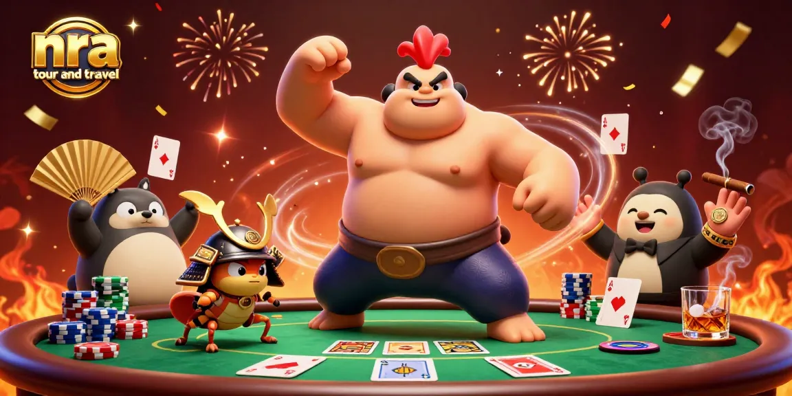 NRA tour and travel showcases an epic gambling scene with vibrant characters, poker elements, and festive atmosphere.