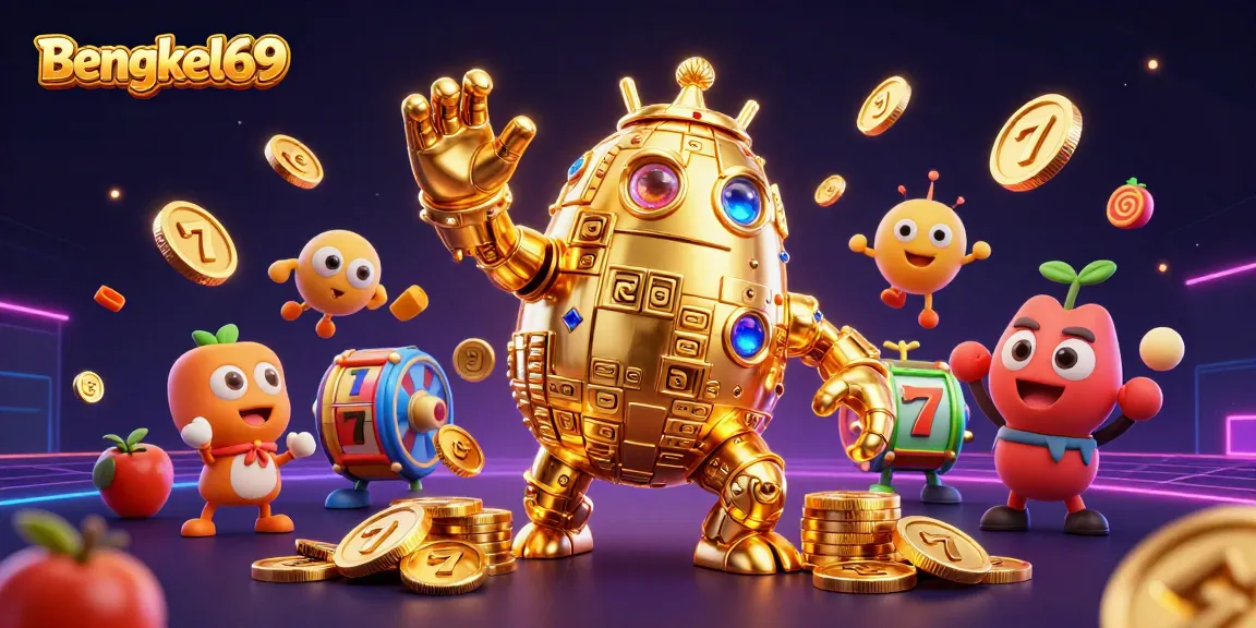 Spark excitement with Bengkel69 in this vibrant 3D slot machine illustration featuring golden golems and dynamic game elements.