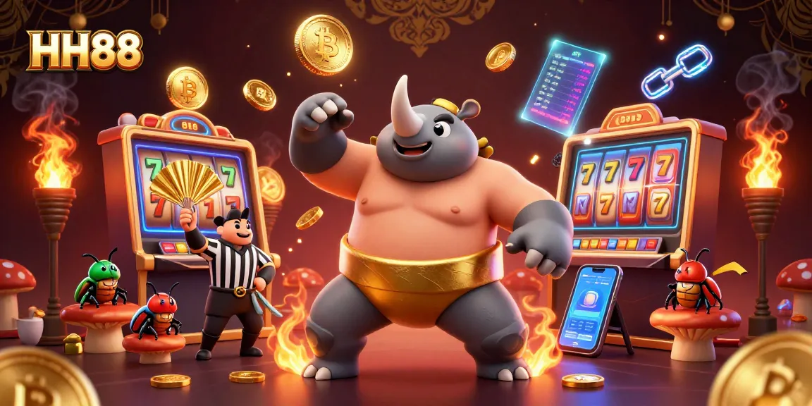 Experience the thrill of HH88 casino games with a dynamic illustration of a beetle champion sending coins flying.