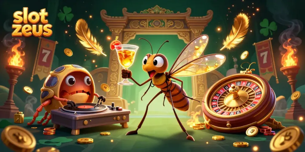 Slot Zeus menghadirkan peluang jackpot dalam ilustrasi kasino penuh warna dengan simbol keberuntungan.