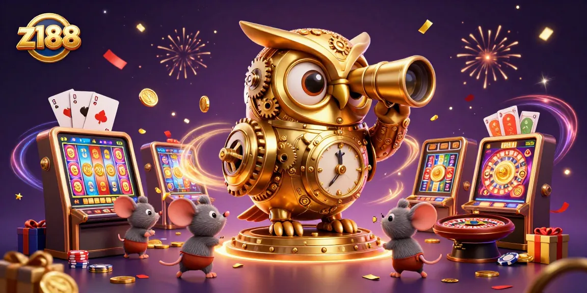 Win big at z188 with a 3D golden owl overseeing a vibrant casino filled with excitement.