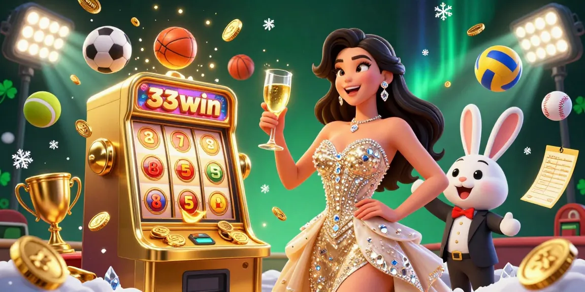 Celebrate your wins with 33win's dynamic casino scene, featuring a glamorous woman and exciting game elements.