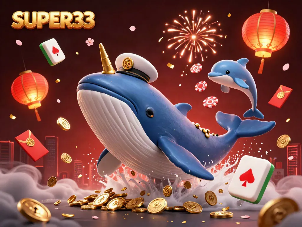 SUPER33 menghadirkan gambar ilustrasi game dengan ikan paus dan karakter kasino yang menarik.