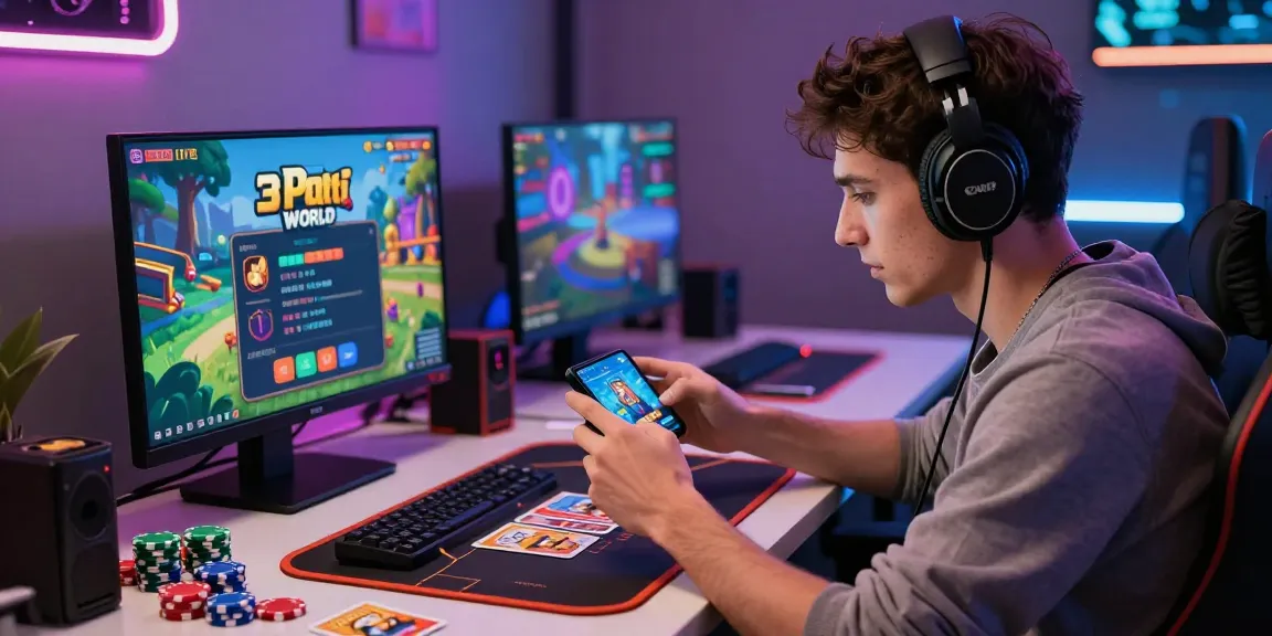 Mobile gaming enthusiast playing 3 Patti World apk download on a stylish setup.
