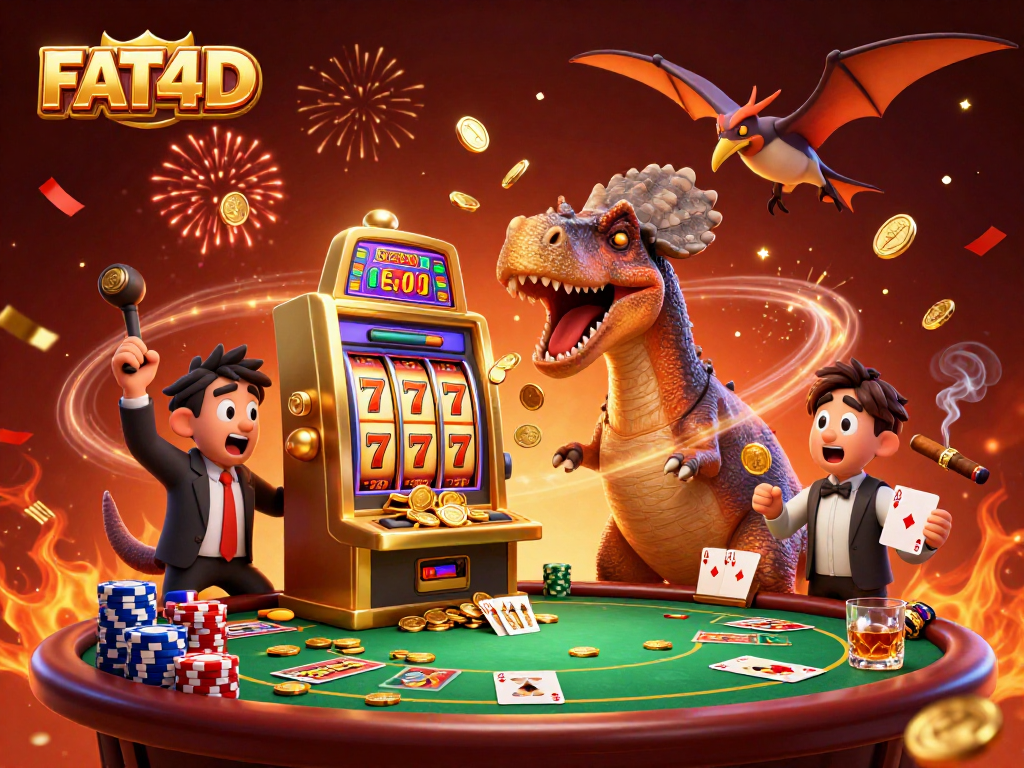 FAT4D showcases a dynamic scene with a dinosaur hitting a slot machine for a jackpot amidst casino elements.