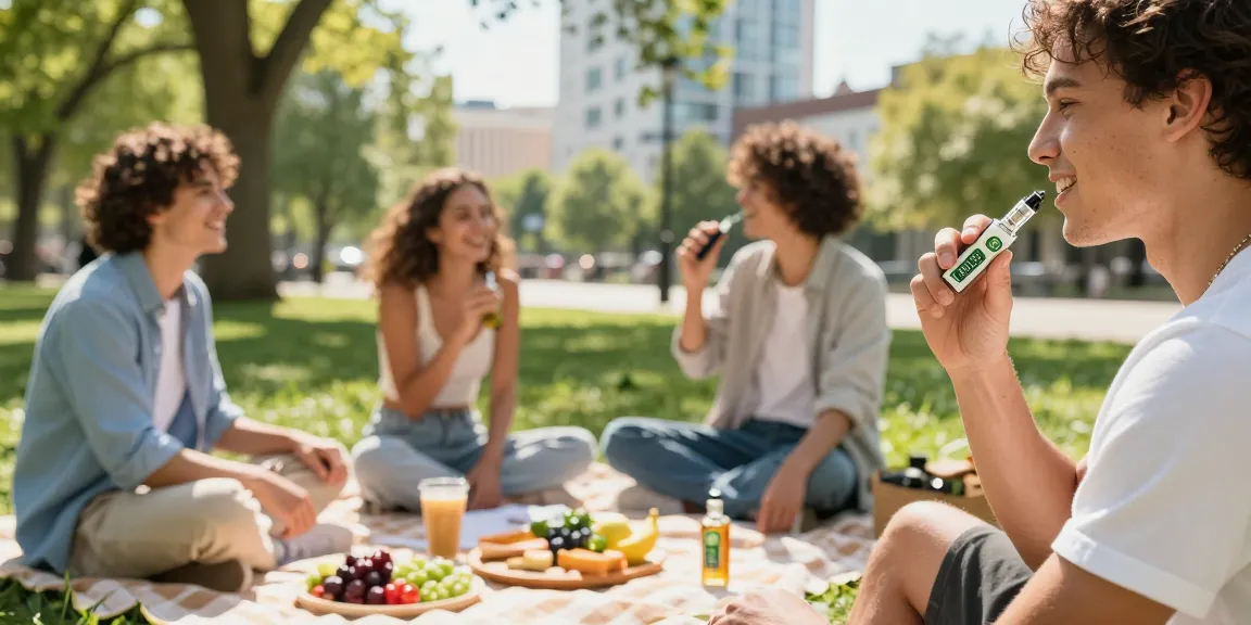 The legal age to vape in Cyprus is 18, highlighting a social moment of responsible vaping with quality CBD products in a vibrant outdoor setting.
